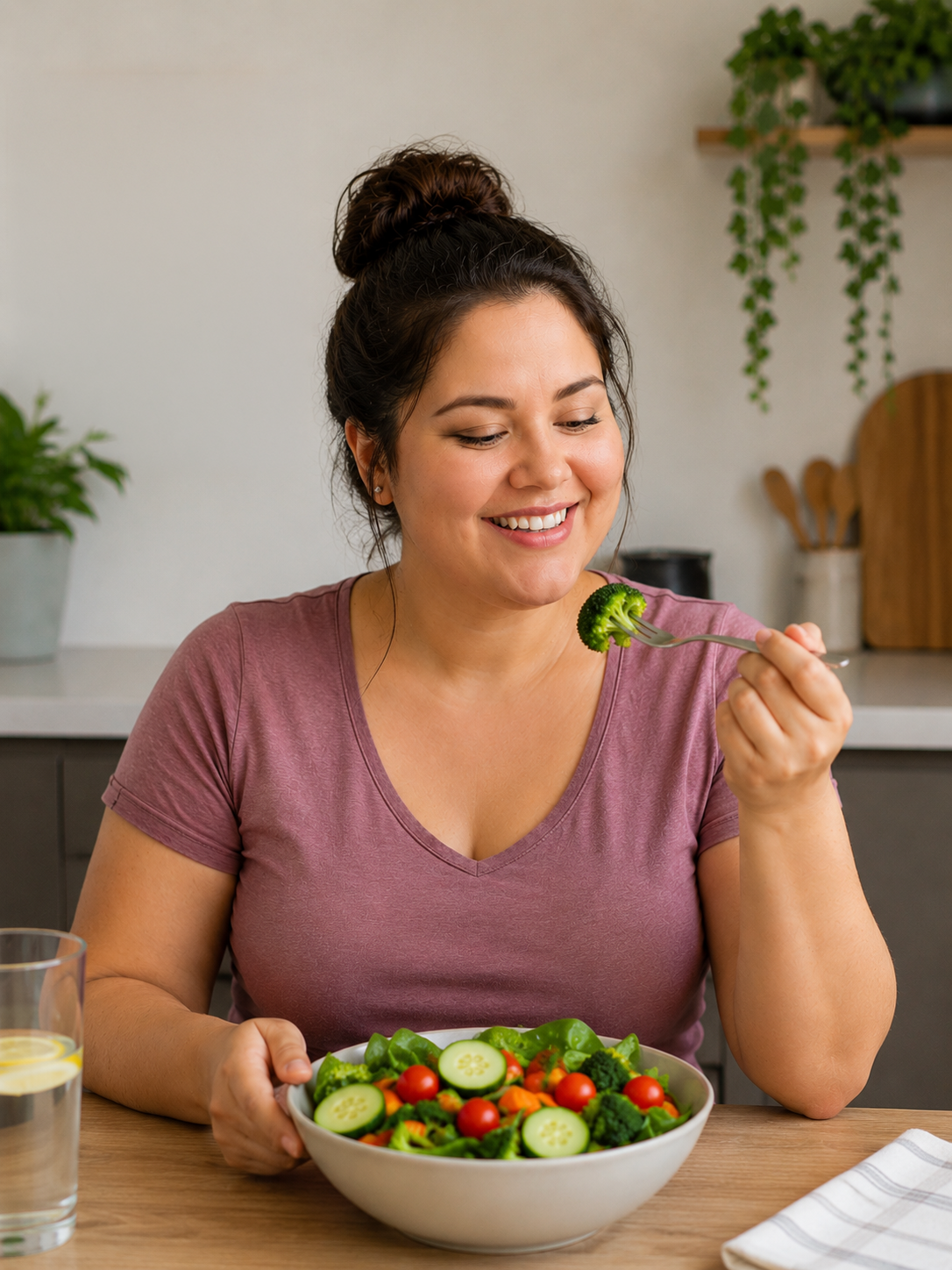 Mujer sonriente disfrutando una ensalada fresca de vegetales en su cocina